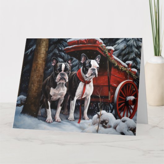 Boston Terrier Snowy Sleigh Kerst Decor Kaart (Voorkant)
