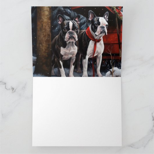 Boston Terrier Snowy Sleigh Kerst Decor Kaart (Binnen)