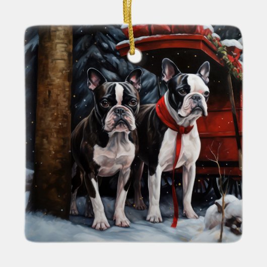 Boston Terrier Snowy Sleigh Kerst Decor Keramisch Ornament (Voorkant)