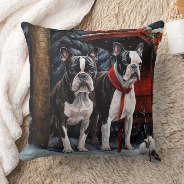 Boston Terrier Snowy Sleigh Kerst Decor Kussen (Deken)