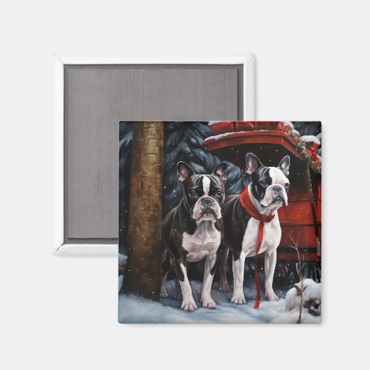 Boston Terrier Snowy Sleigh Kerst Decor Magneet (Voorkant / Achterkant)