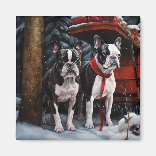 Boston Terrier Snowy Sleigh Kerst Decor Magneet (Voorkant)