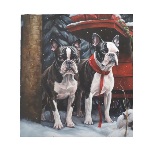 Boston Terrier Snowy Sleigh Kerst Decor Notitieblok (Voorkant)