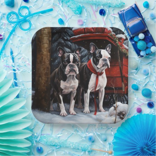 Boston Terrier Snowy Sleigh Kerst Decor Papieren Bordje (Feest)
