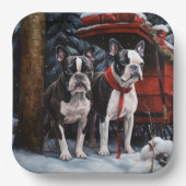 Boston Terrier Snowy Sleigh Kerst Decor Papieren Bordje (Voorkant)