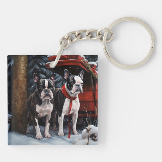 Boston Terrier Snowy Sleigh Kerst Decor Sleutelhanger (Achterkant)