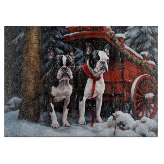 Boston Terrier Snowy Sleigh Kerst Decor Snijplank (Voorkant)