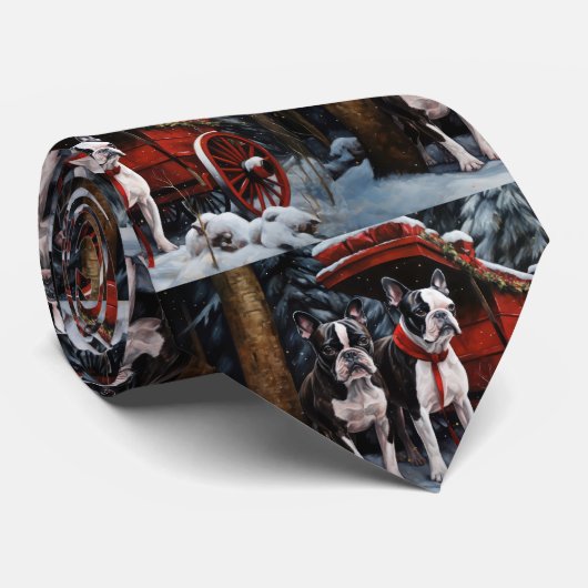 Boston Terrier Snowy Sleigh Kerst Decor Stropdas (Opgerold)