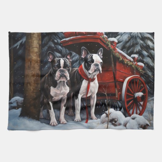 Boston Terrier Snowy Sleigh Kerst Decor Theedoek (Horizontaal)