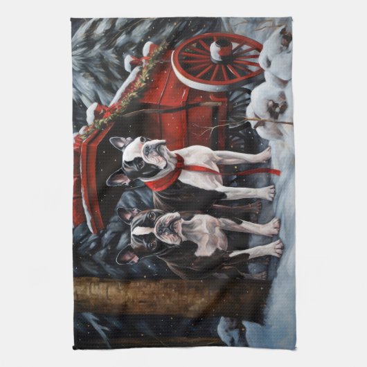 Boston Terrier Snowy Sleigh Kerst Decor Theedoek (Verticaal)