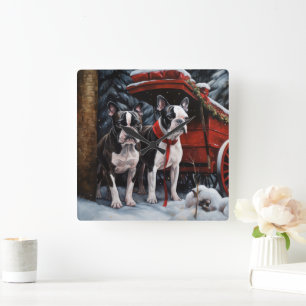 Boston Terrier Snowy Sleigh Kerst Decor Vierkante Klok