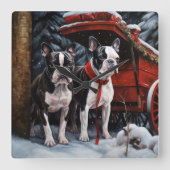 Boston Terrier Snowy Sleigh Kerst Decor Vierkante Klok (Voorkant)