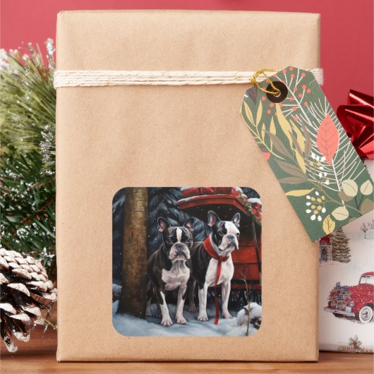 Boston Terrier Snowy Sleigh Kerst Decor Vierkante Sticker (Feestdagen)