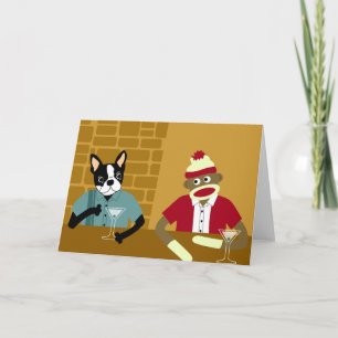 Boston Terrier & Sock Monkey Kaart