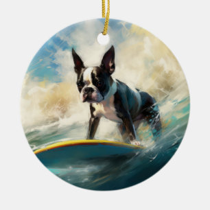 Boston Terrier Strand Surfen Schilderij Keramisch Ornament