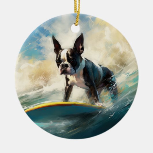 Boston Terrier Strand Surfen Schilderij Keramisch Ornament (Voorkant)