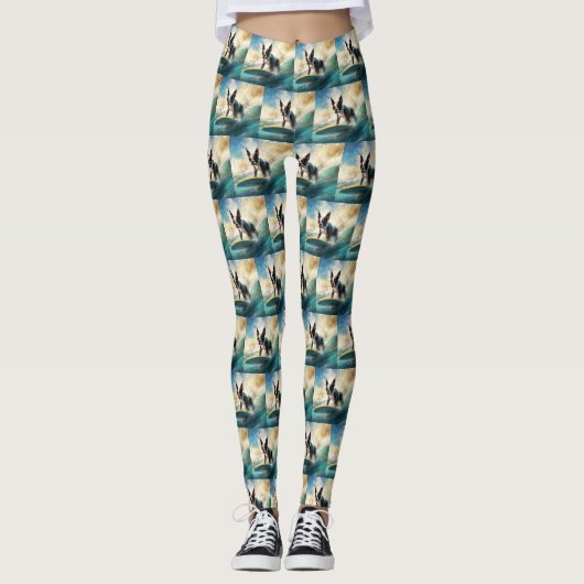 Boston Terrier Strand Surfen Schilderij Leggings (Voorkant)