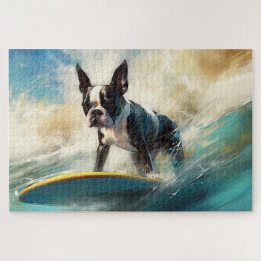 Boston Terrier Strand Surfen Schilderij Legpuzzel (Horizontaal)