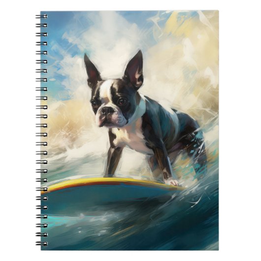 Boston Terrier Strand Surfen Schilderij Notitieboek (Voorkant)