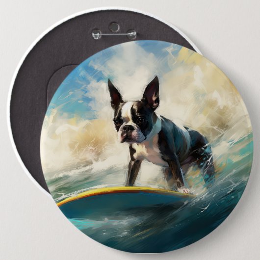 Boston Terrier strand surfen schilderij Ronde Button 6,0 Cm (Voorkant /achterkant)