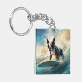 Boston Terrier Strand Surfen Schilderij Sleutelhanger (Voorkant Links)