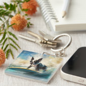 Boston Terrier Strand Surfen Schilderij Sleutelhanger (Voorkant Rechts)