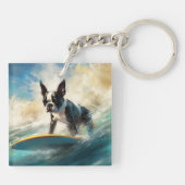 Boston Terrier Strand Surfen Schilderij Sleutelhanger (Achterkant)