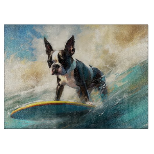 Boston Terrier Strand Surfen Schilderij Snijplank (Voorkant)