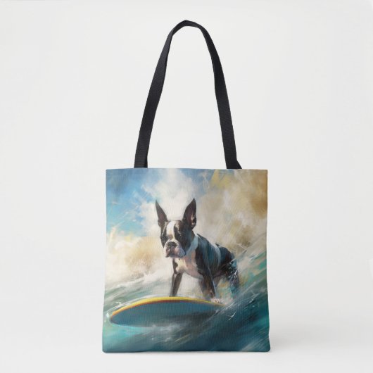 Boston Terrier Strand Surfen Schilderij Tote Bag (Voorkant)