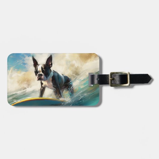 Boston Terrier Strand Surfing Schilderij Bagagelabel (Voorkant horizontaal)