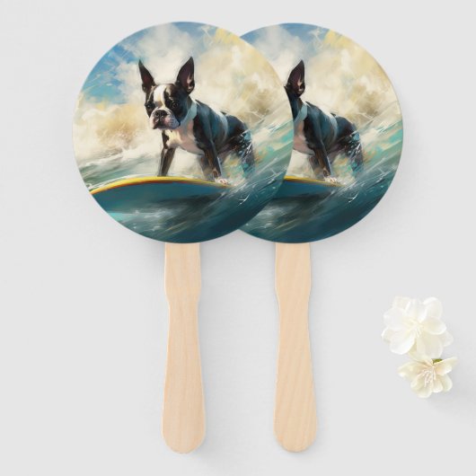 Boston Terrier Strand Surfing Schilderij Handwaaier (Voorkant en achterkant)