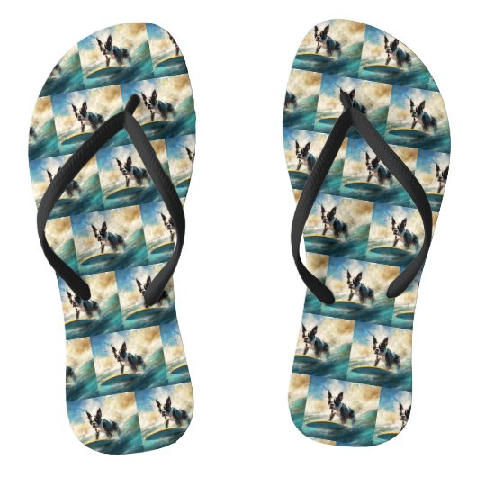 Boston Terrier Strand Surfing Schilderij Teenslippers (Voetbed)