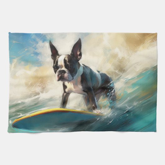 Boston Terrier Strand Surfing Schilderij Theedoek (Horizontaal)