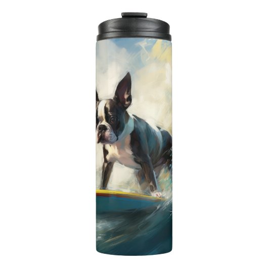 Boston Terrier Strand Surfing Schilderij Thermosbeker (Voorkant)
