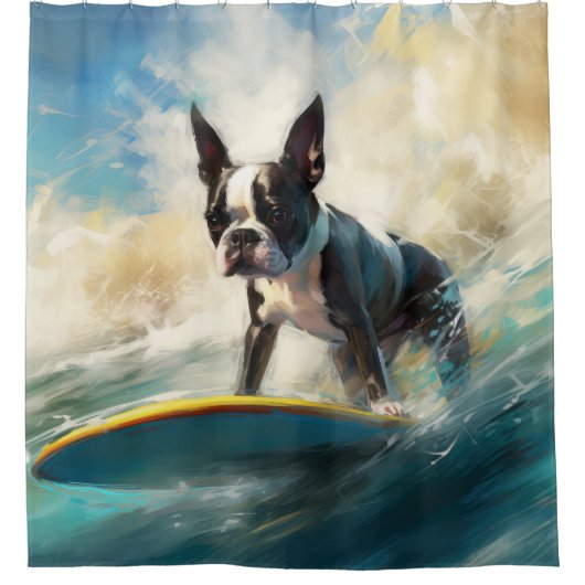 Boston Terrier Surfen Schilderij Douchegordijn (Voorkant)
