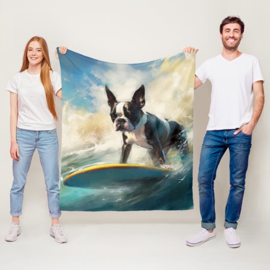 Boston Terrier Surfen Schilderij Fleece Deken (In situ)