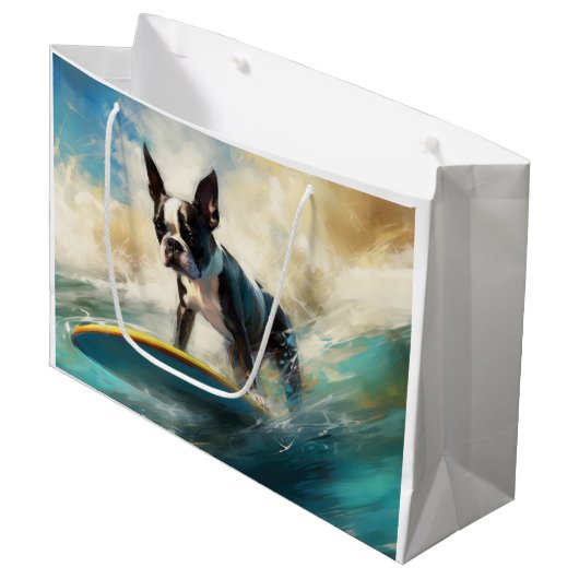 Boston Terrier Surfen Schilderij Groot Cadeauzakje (Voorkant Gekanteld)