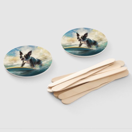 Boston Terrier Surfen Schilderij Handwaaier (Niet-gemonteerd)