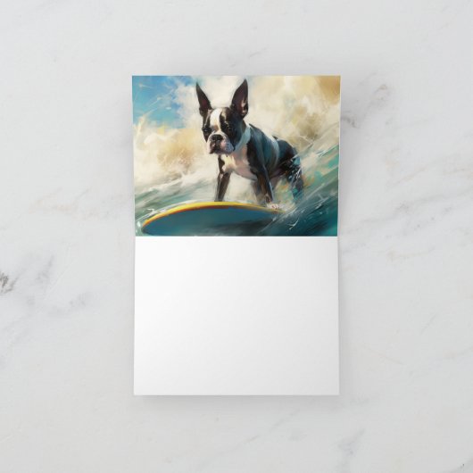 Boston Terrier Surfen Schilderij Kaart (Binnen)