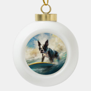 Boston Terrier Surfen Schilderij Keramische Bal Ornament