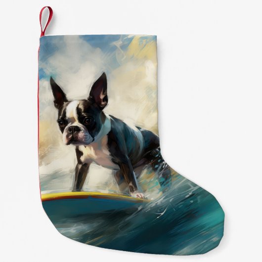 Boston Terrier Surfen Schilderij Kleine Kerstsok (Voorkant)