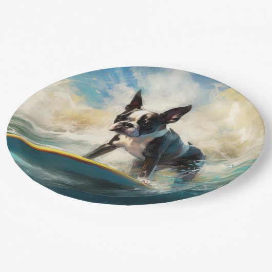 Boston Terrier Surfen Schilderij Papieren Bordje (Gekanteld)