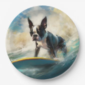 Boston Terrier Surfen Schilderij Papieren Bordje (Voorkant)