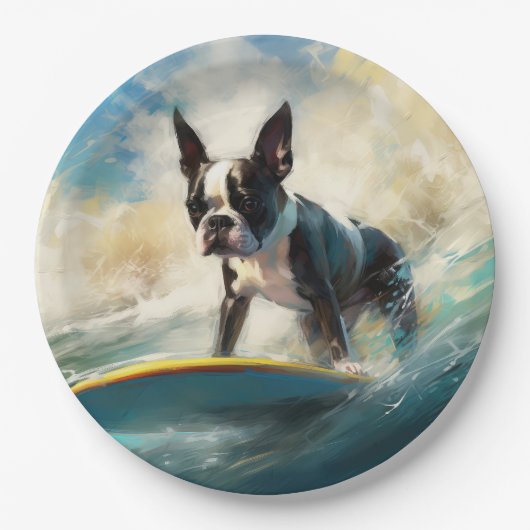 Boston Terrier Surfen Schilderij Papieren Bordje (Voorkant)