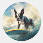 Boston Terrier Surfen Schilderij Ronde Sticker (Voorkant)