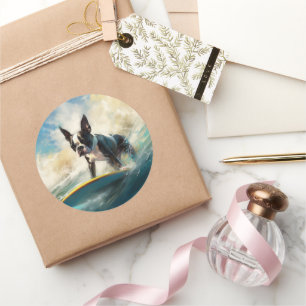 Boston Terrier Surfen Schilderij Ronde Sticker