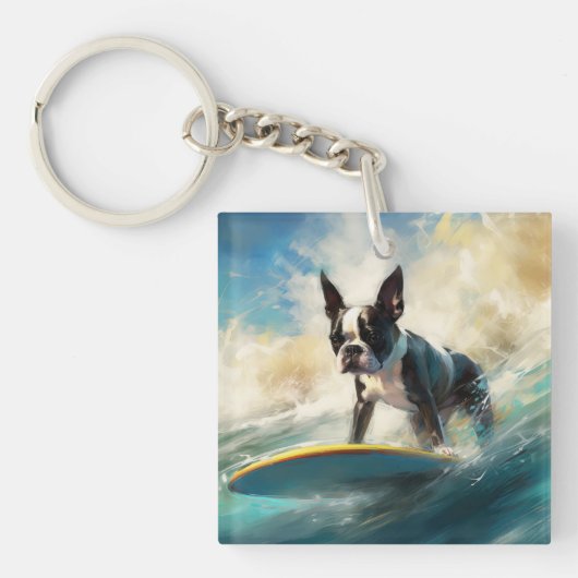Boston Terrier Surfen Schilderij Sleutelhanger (Voorkant)