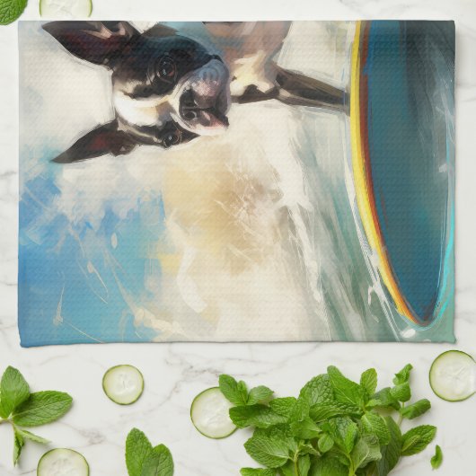 Boston Terrier Surfen Schilderij Theedoek (Gevouwen)