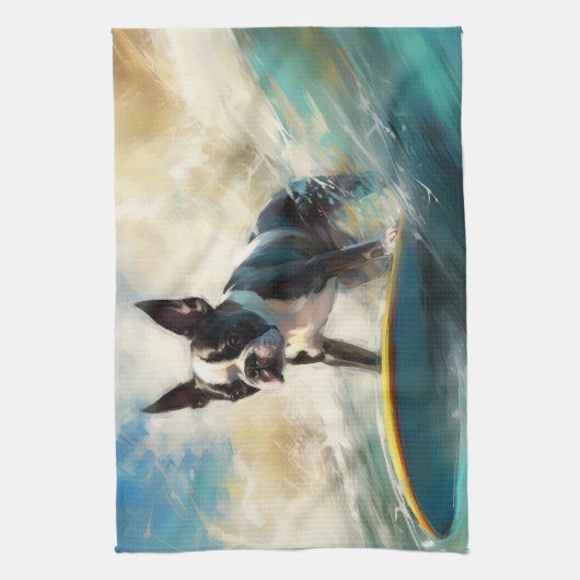 Boston Terrier Surfen Schilderij Theedoek (Verticaal)