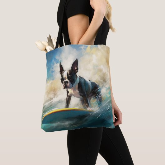 Boston Terrier Surfen Schilderij Tote Bag (Dichtbij)